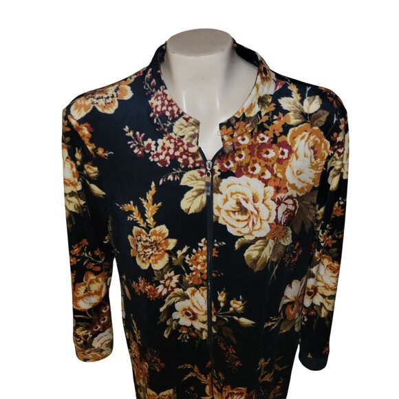 Miss Elaine Petites Floral Zip-Front Long Sleeve Dress PS Navy/Multi - Picture 2 of 7